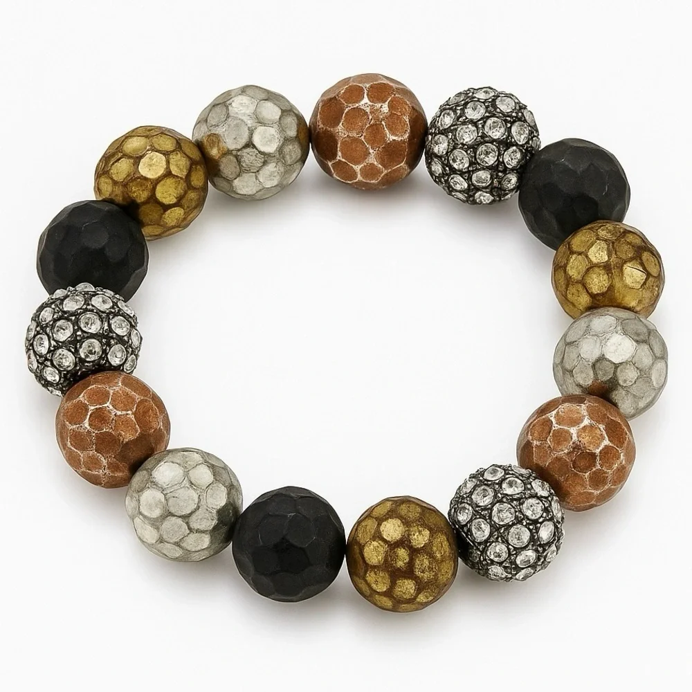 Mixed Metal Textured Stretch Bracelet With Rhinestone Beads
